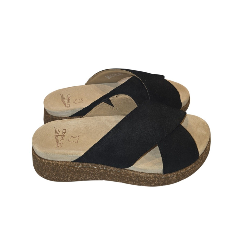 Dansko Bridget Burnished Slide Sandals Women 40 Black Suede Leather Wedge Casual